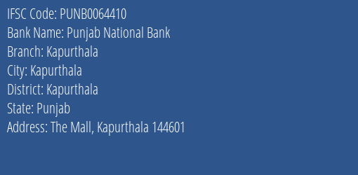 Punjab National Bank Kapurthala Branch Kapurthala IFSC Code PUNB0064410