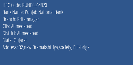 Punjab National Bank Pritamnagar Branch Ahmedabad IFSC Code PUNB0064820