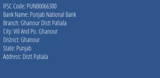 Punjab National Bank Ghanour Distt Patiala Branch Ghanour IFSC Code PUNB0066300