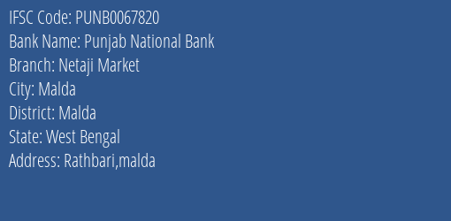 Punjab National Bank Netaji Market Branch Malda IFSC Code PUNB0067820