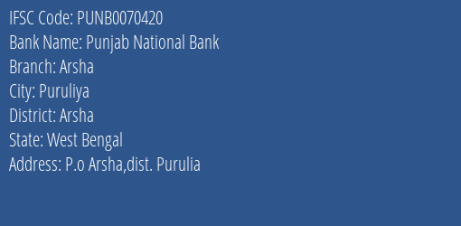 Punjab National Bank Arsha Branch Arsha IFSC Code PUNB0070420