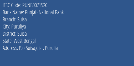Punjab National Bank Suisa Branch Suisa IFSC Code PUNB0071520