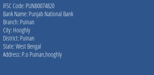 Punjab National Bank Puinan Branch Puinan IFSC Code PUNB0074820