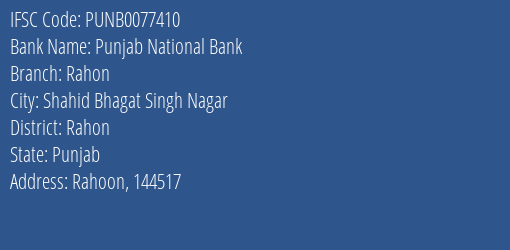Punjab National Bank Rahon Branch Rahon IFSC Code PUNB0077410