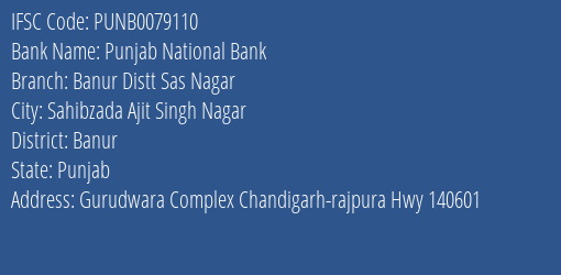 Punjab National Bank Banur Distt Sas Nagar Branch Banur IFSC Code PUNB0079110