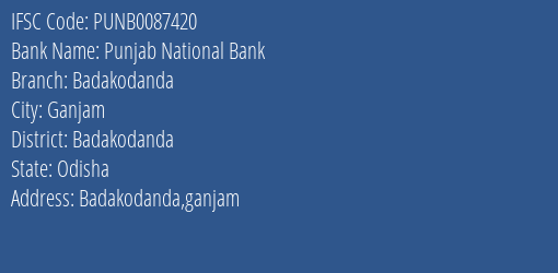 Punjab National Bank Badakodanda Branch Badakodanda IFSC Code PUNB0087420