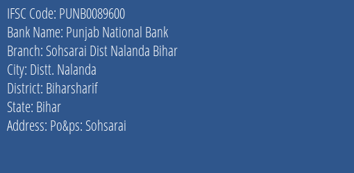Punjab National Bank Sohsarai Dist Nalanda Bihar Branch Biharsharif IFSC Code PUNB0089600