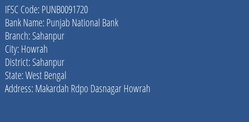 Punjab National Bank Sahanpur Branch Sahanpur IFSC Code PUNB0091720