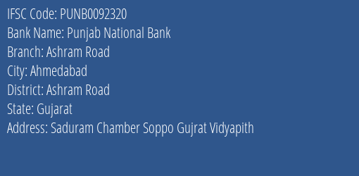Punjab National Bank Ashram Road Branch Ashram Road IFSC Code PUNB0092320
