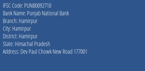Punjab National Bank Hamirpur Branch Hamirpur IFSC Code PUNB0092710