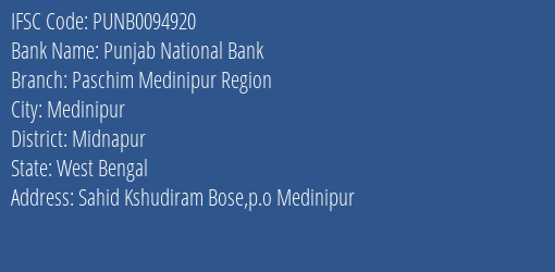 Punjab National Bank Paschim Medinipur Region Branch Midnapur IFSC Code PUNB0094920