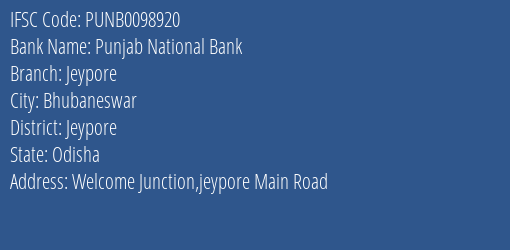Punjab National Bank Jeypore Branch Jeypore IFSC Code PUNB0098920