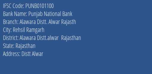 Punjab National Bank Alawara Distt. Alwar Rajasth Branch Alawara Distt.alwar Rajasthan IFSC Code PUNB0101100