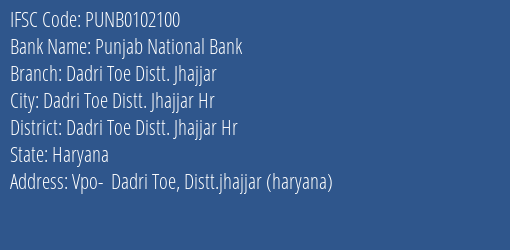 Punjab National Bank Dadri Toe Distt. Jhajjar Branch Dadri Toe Distt. Jhajjar Hr IFSC Code PUNB0102100