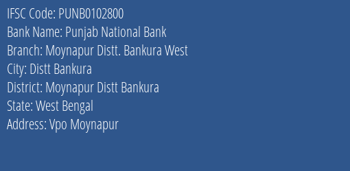 Punjab National Bank Moynapur Distt. Bankura West Branch Moynapur Distt Bankura IFSC Code PUNB0102800