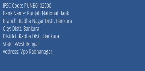 Punjab National Bank Radha Nagar Distt. Bankura Branch Radha Distt. Bankura IFSC Code PUNB0102900