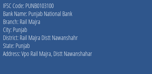 Punjab National Bank Rail Majra Branch Rail Majra Distt Nawanshahr IFSC Code PUNB0103100