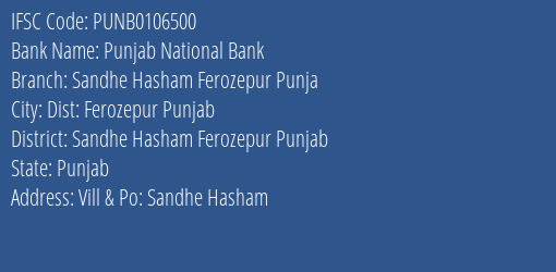 Punjab National Bank Sandhe Hasham Ferozepur Punja Branch Sandhe Hasham Ferozepur Punjab IFSC Code PUNB0106500