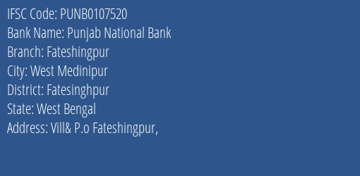 Punjab National Bank Fateshingpur Branch Fatesinghpur IFSC Code PUNB0107520