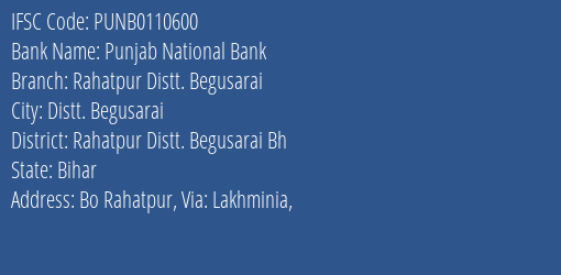 Punjab National Bank Rahatpur Distt. Begusarai Branch Rahatpur Distt. Begusarai Bh IFSC Code PUNB0110600
