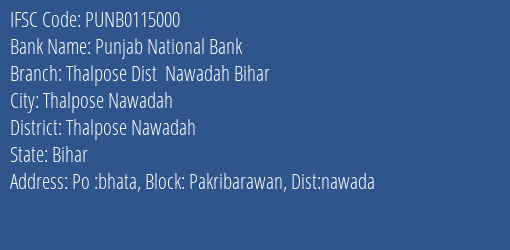 Punjab National Bank Thalpose Dist Nawadah Bihar Branch Thalpose Nawadah IFSC Code PUNB0115000