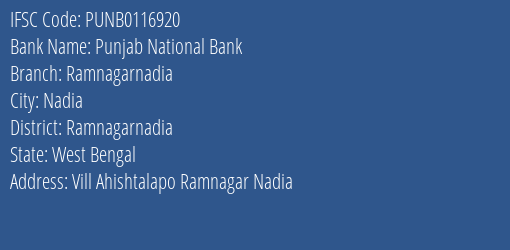 Punjab National Bank Ramnagarnadia Branch Ramnagarnadia IFSC Code PUNB0116920