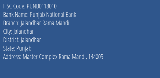 Punjab National Bank Jalandhar Rama Mandi Branch Jalandhar IFSC Code PUNB0118010