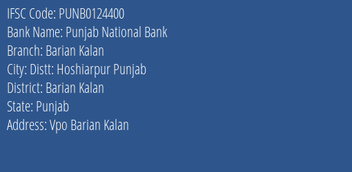 Punjab National Bank Barian Kalan Branch Barian Kalan IFSC Code PUNB0124400