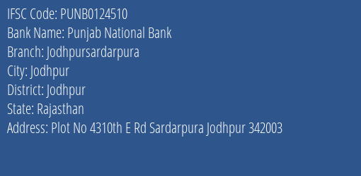 Punjab National Bank Jodhpursardarpura Branch Jodhpur IFSC Code PUNB0124510