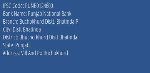 Punjab National Bank Buchokhurd Distt. Bhatinda P Branch Bhucho Khurd Distt Bhatinda IFSC Code PUNB0124600