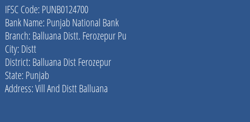 Punjab National Bank Balluana Distt. Ferozepur Pu Branch Balluana Dist Ferozepur IFSC Code PUNB0124700