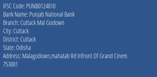 Punjab National Bank Cuttack Mal Godown Branch Cuttack IFSC Code PUNB0124810