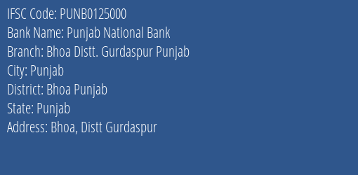 Punjab National Bank Bhoa Distt. Gurdaspur Punjab Branch Bhoa Punjab IFSC Code PUNB0125000