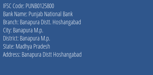 Punjab National Bank Banapura Distt. Hoshangabad Branch Banapura M.p. IFSC Code PUNB0125800