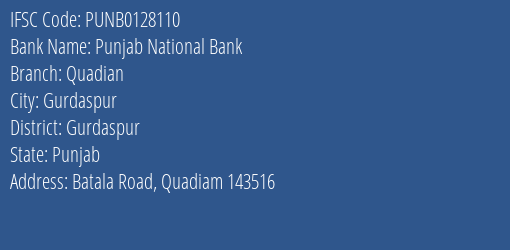 Punjab National Bank Quadian Branch Gurdaspur IFSC Code PUNB0128110