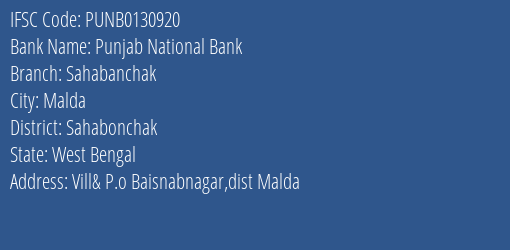 Punjab National Bank Sahabanchak Branch Sahabonchak IFSC Code PUNB0130920