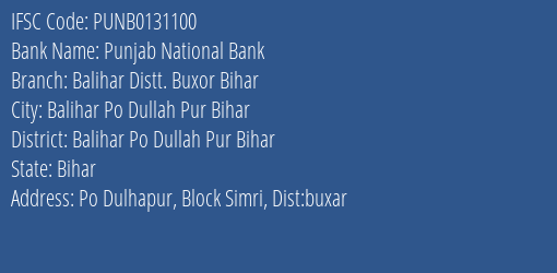 Punjab National Bank Balihar Distt. Buxor Bihar Branch Balihar Po Dullah Pur Bihar IFSC Code PUNB0131100