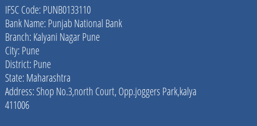 Punjab National Bank Kalyani Nagar Pune Branch, Branch Code 133110 & IFSC Code Punb0133110