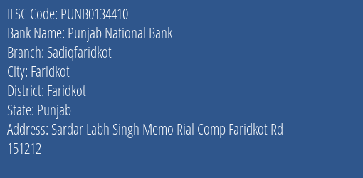 Punjab National Bank Sadiqfaridkot Branch Faridkot IFSC Code PUNB0134410