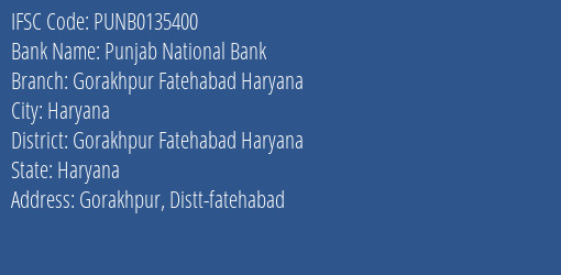 Punjab National Bank Gorakhpur Fatehabad Haryana Branch Gorakhpur Fatehabad Haryana IFSC Code PUNB0135400