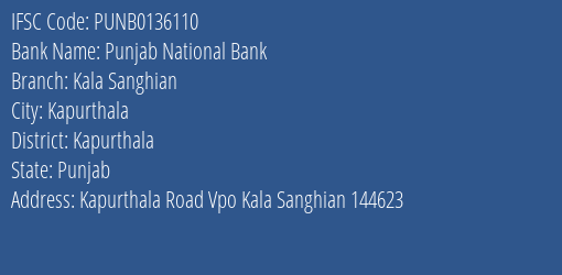 Punjab National Bank Kala Sanghian Branch Kapurthala IFSC Code PUNB0136110