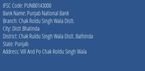 Punjab National Bank Chak Roldu Singh Wala Distt. Branch Chak Ruldu Singh Wala Distt. Bathinda IFSC Code PUNB0143000