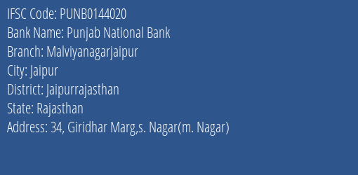 Punjab National Bank Malviyanagarjaipur Branch Jaipurrajasthan IFSC Code PUNB0144020