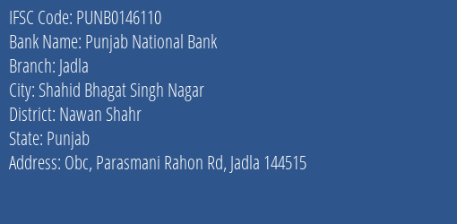 Punjab National Bank Jadla Branch Nawan Shahr IFSC Code PUNB0146110