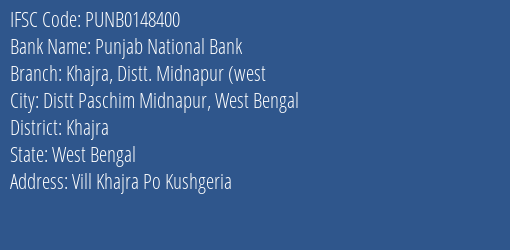 Punjab National Bank Khajra Distt. Midnapur West Branch Khajra IFSC Code PUNB0148400