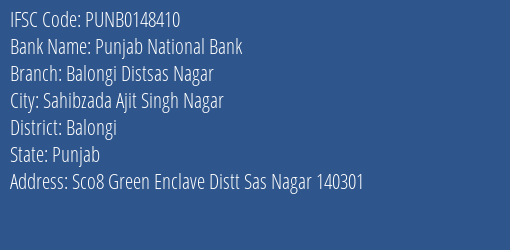 Punjab National Bank Balongi Distsas Nagar Branch Balongi IFSC Code PUNB0148410