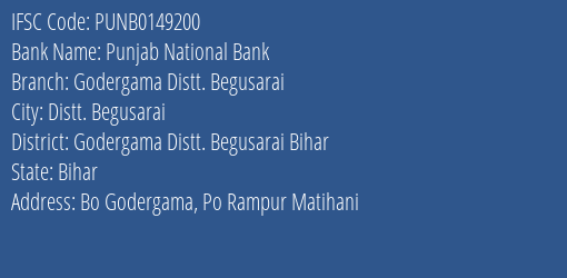 Punjab National Bank Godergama Distt. Begusarai Branch Godergama Distt. Begusarai Bihar IFSC Code PUNB0149200