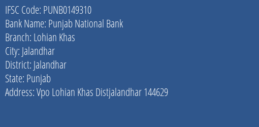 Punjab National Bank Lohian Khas Branch Jalandhar IFSC Code PUNB0149310