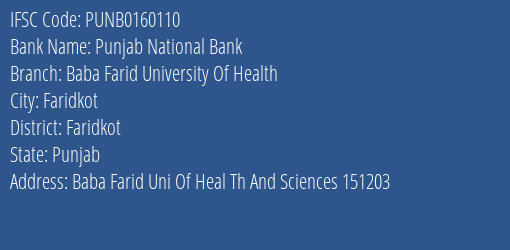 Punjab National Bank Baba Farid University Of Health Branch Faridkot IFSC Code PUNB0160110