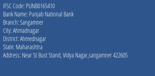 Punjab National Bank Sangamner Branch Ahmednagar IFSC Code PUNB0165410